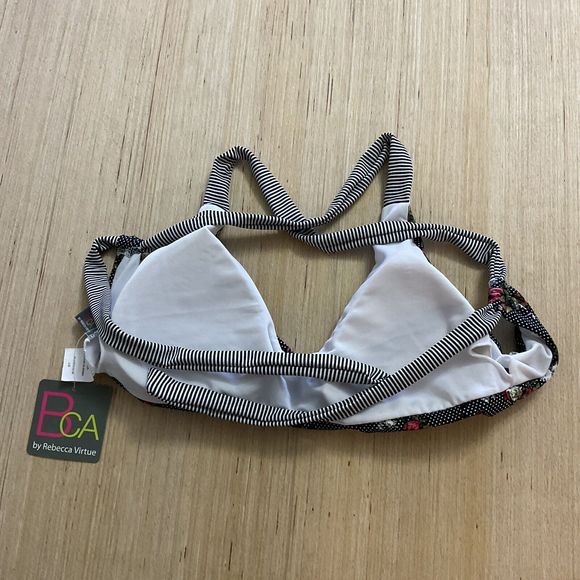 BCA by Rebecca Virtue Black Polka Dot Flowers Stripes Bikini Top Large New - Picture 3 of 3